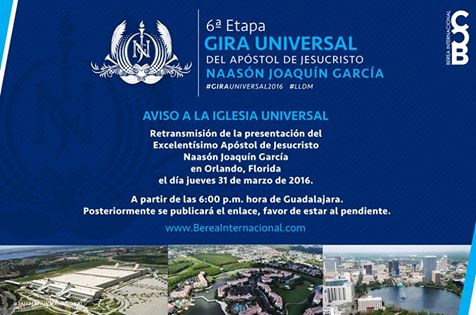 BereaInter's tweet photo. Retransmisión de la presentación del Apóstol de Jesucristo en Orlando, Florida

#GiraUniversal2016 
#LLDM https://t.co/wSJFPL5nCj