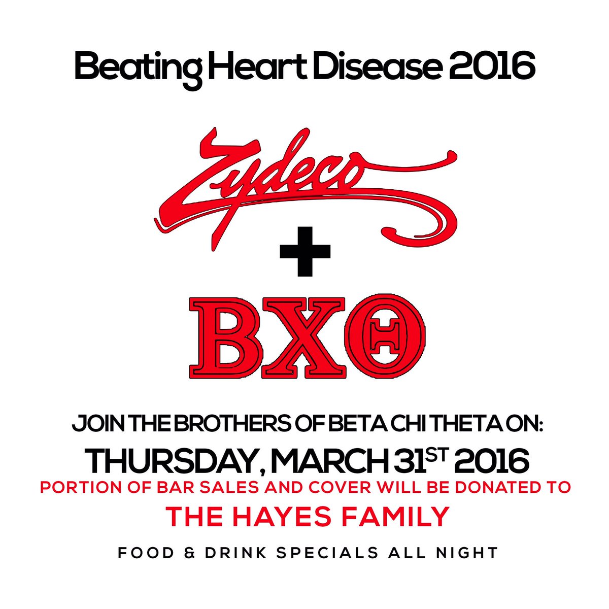 UABBetaChiTheta's tweet photo. ZYDECO was generous enough to donate PORTIONS OF ALL BAR, FOOD, AND COVER SALES tomorrow to the Hayes Family!!! https://t.co/6kYU7RQHVz