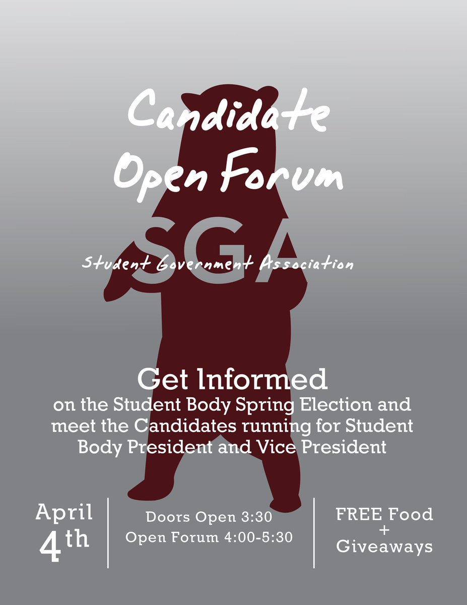 MOStateSGA's tweet photo. ➡️GET INFORMED⬅️ Come to the Candidate Open Forum!! FREE food, giveaways &amp; info on the Spring Election👏🏼 https://t.co/7o8VyT10aY