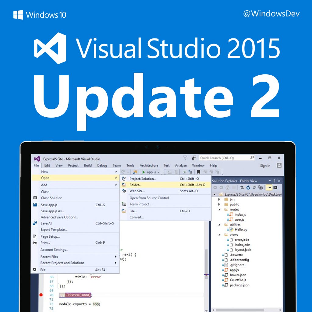 windowsdev's tweet photo. The update has arrived! Download Visual Studio 2015 Update 2 here: https://t.co/WAasvoYwxA https://t.co/k4vZstgl8M