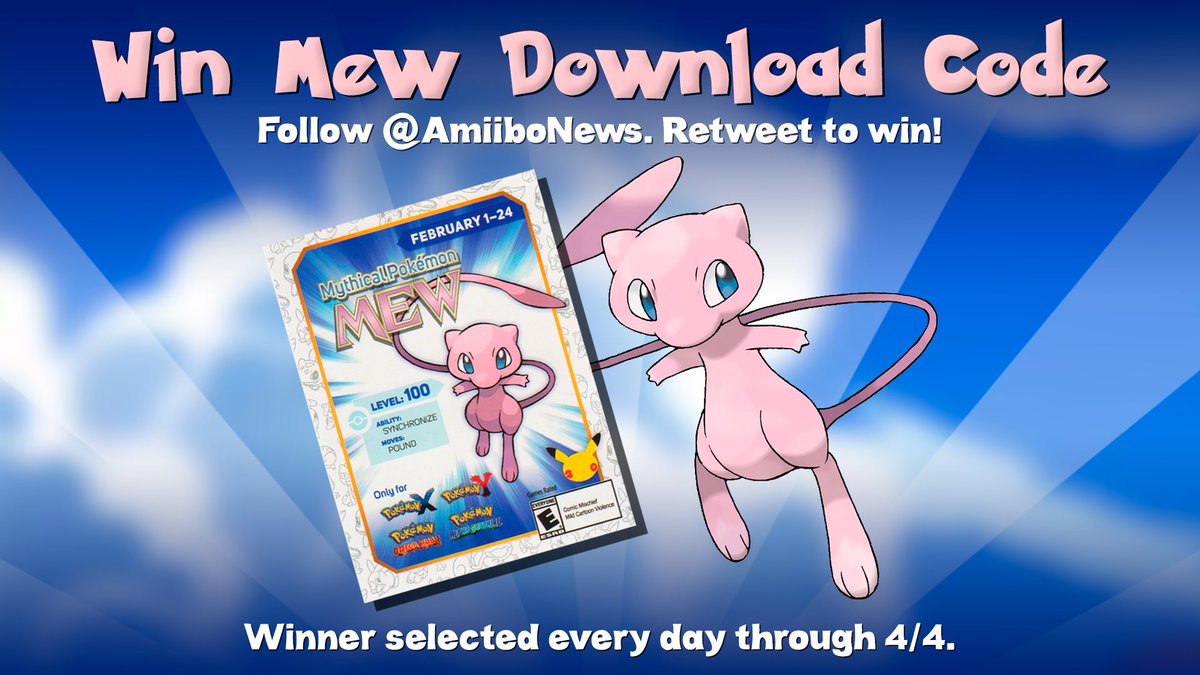 AmiiboNews's tweet photo. Win 1 of 25 Mew download codes from Amiibo News! Follow and retweet to enter. Winners selected each day through 4/4. https://t.co/517nbMjKaF
