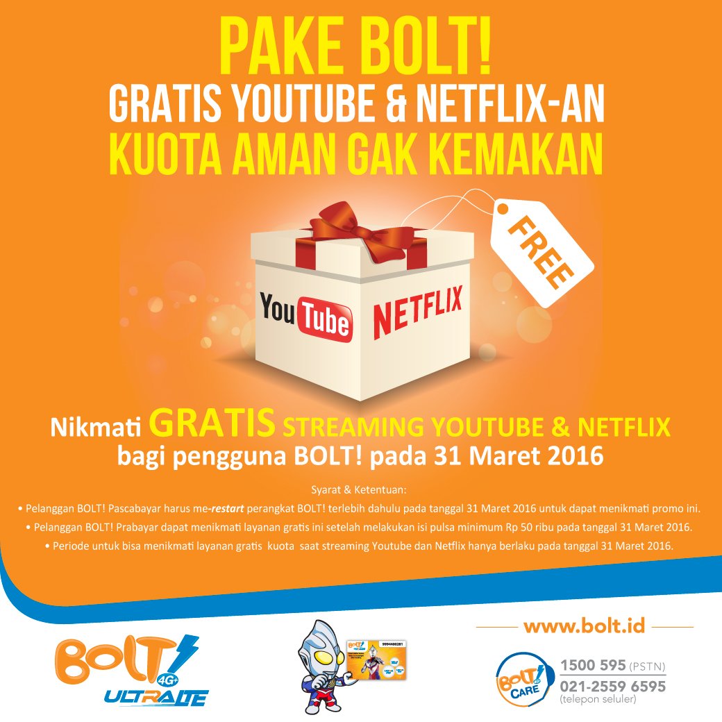 BOLTClub's tweet photo. Isi pulsa BOLT!mu hari ini kamu bisa akses #YoutubeGratis & #NetflixGratis seharian BOLT!ers https://t.co/IZqeOWx6ek https://t.co/Nj0f8V8yhZ