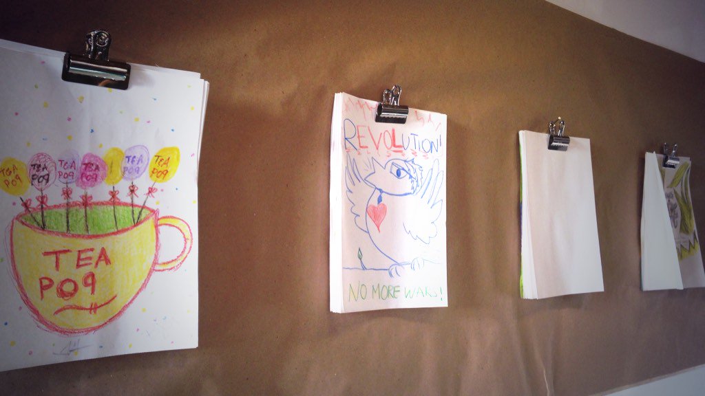 Pilar4CA's tweet photo. I'm clearly in good company at my favorite tea shop. #BirdieSanders seen on the community art wall. #FeelTheBern https://t.co/gbCMPOdJzv
