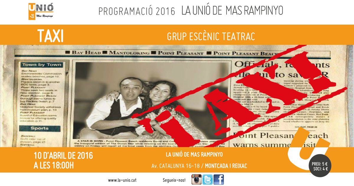 El 10 d'abril tenim Tetare a La @uniomasrampinyo amb el grup Teatrac de l'@ateneuabi. No us ho perdeu! #Montcada
