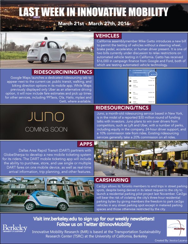 SusanShaheen1's tweet image. Innovative Mobility Highlights: March 21st to March 27th, 2016 on @LinkedIn linkedin.com/pulse/innovati… #dmo2015 #ce256