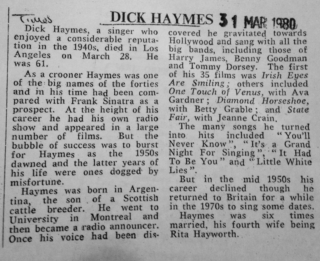 migrhodes's tweet photo. #OnThisDay #March31 1980 #obit @thetimes #obituary #Dick #Haymes #DickHaymes #singer #crooner https://t.co/uWDnzFwW8K