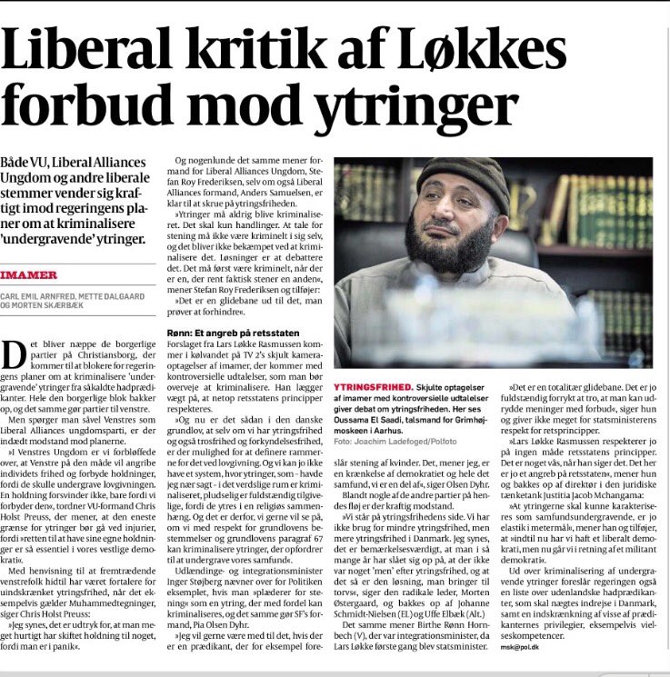 VU ude med kritik af Venstres begrænsning af ytringsfrihed i <a href="/politiken/">Politiken</a>. Forbud fjerner ikke holdninger #dkpol