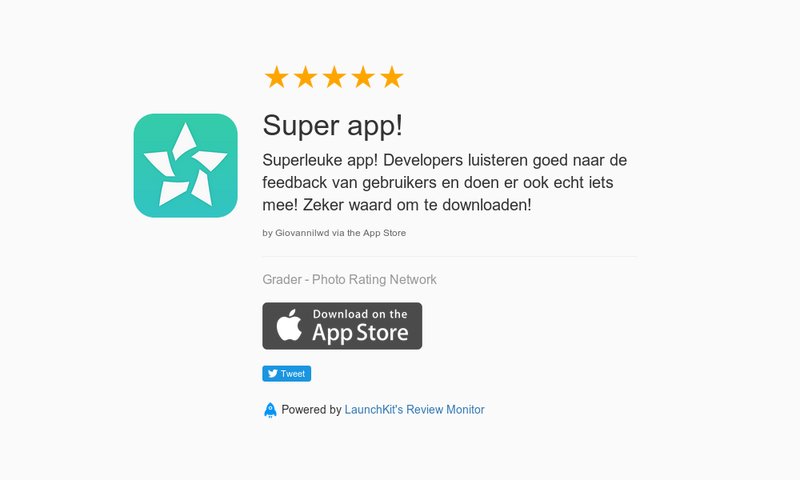 GoGrader's tweet image. 5 Star Review: "Super app!: Superleuke app! Developers luisteren goed naar de feedback van…" launchkit.io/reviews/O-mX8M…