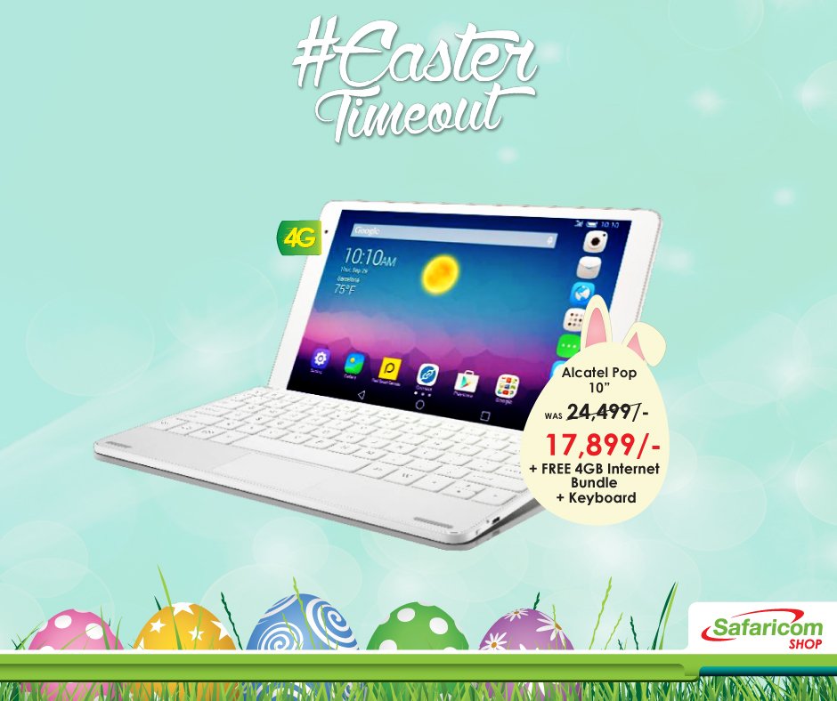 SafaricomPLC's tweet photo. Missed the Easter deals? Grab the Alcatel Pop 10 inch at KSHs.17,899 #EasterTimeout https://t.co/BXoPLTnkTG https://t.co/xYyXidILZ0
