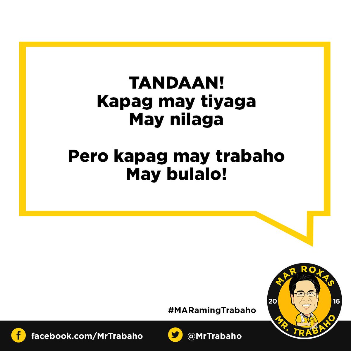MrTrabaho's tweet photo. TANDAAN! Kapag may TRABAHO, may bulalo! Yan ang kaya ni @MARoxas! 

#RoxasRobredo
#PHVoteRoxas
#MARamingTrabaho https://t.co/d7v35oHTLT