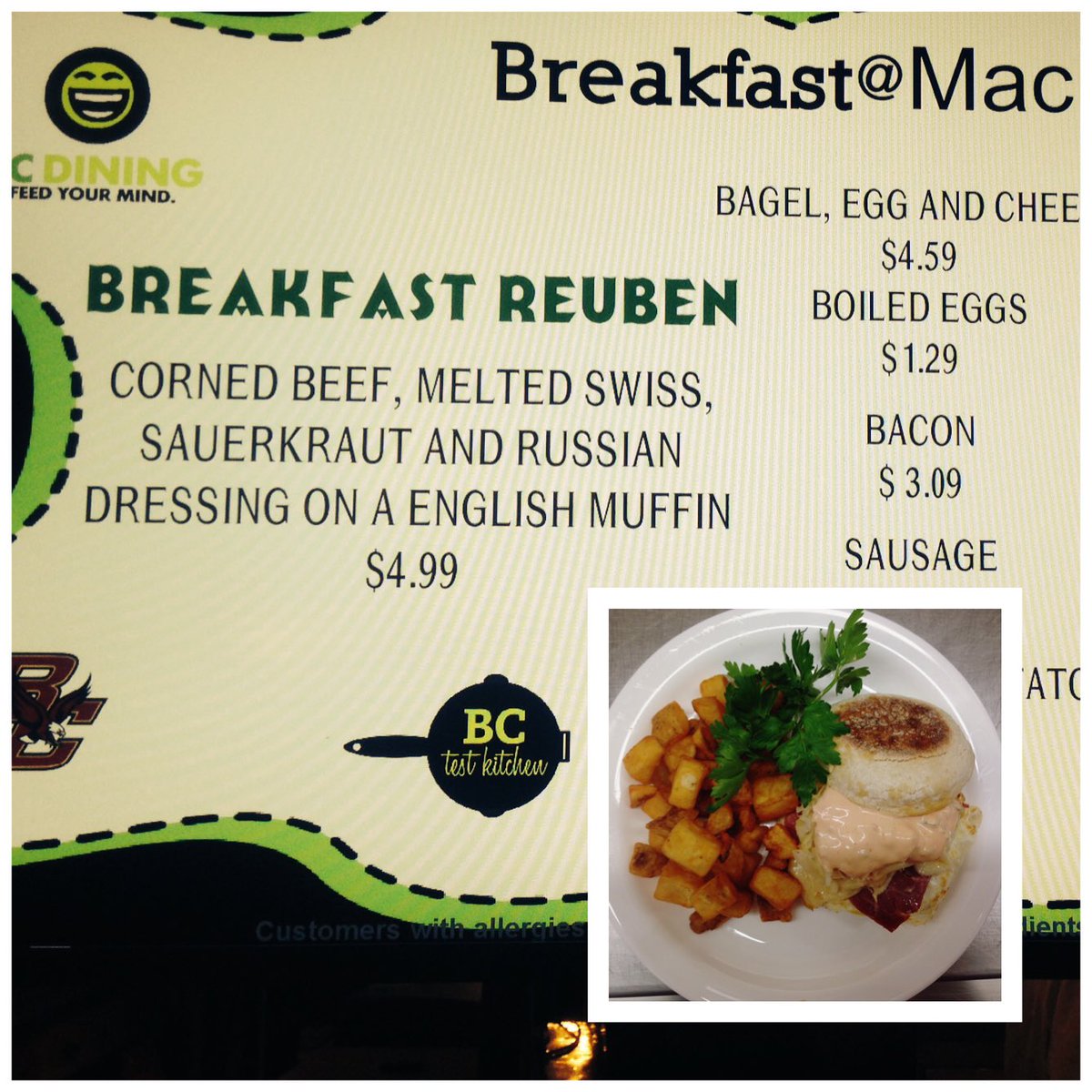 MikeatMac's tweet photo. Test Kitchen Alert! Breakfast Reuben @ Mac this morning #BCTestKitchen https://t.co/4BJGR5tfZS