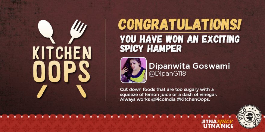 PicoIndia's tweet photo. Here's our 1st Winner of our #KitchenOops Contest! Congo @DipanG118! DM your details to avail a spicy hamper! https://t.co/MrDh9LJi9B