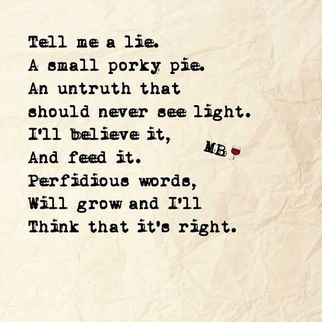 Bookbindermj's tweet photo. Day 29 : Tell Me a Lie
#451presspoetswritingprompt #poetrychallenge #451presspoets #451press #poem #poetry https://t.co/SzgwdLRYTC