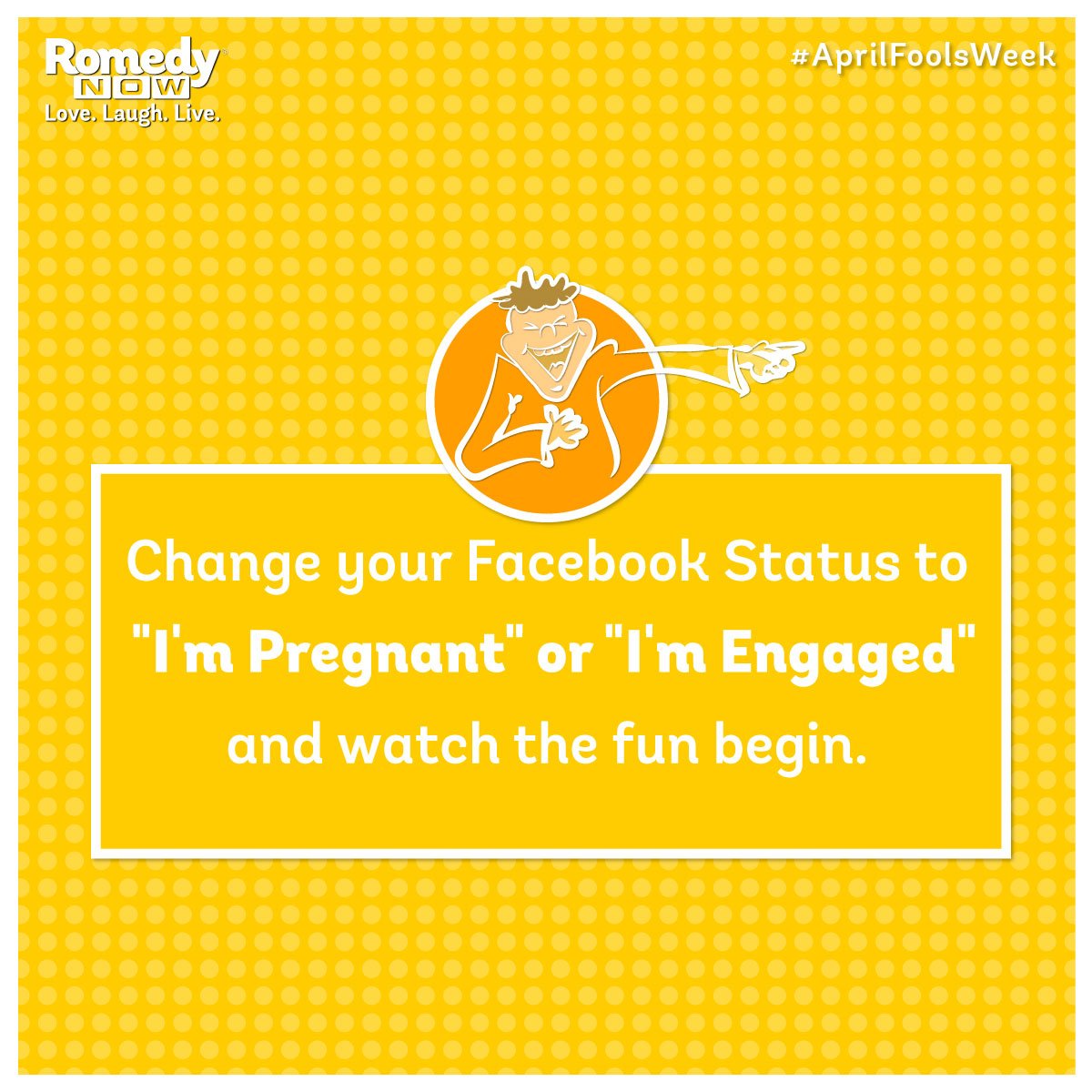 RomedyNow's tweet photo. Why celebrate April Fool's Day once a year? Let's do it all week! We've got some #AprilFoolsWeek ideas for you. https://t.co/gW7GPfuQT7