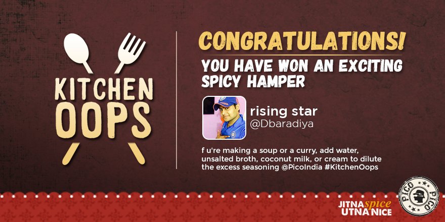 PicoIndia's tweet photo. Winner #4 of our #KitchenOops Contest is @DBaradiya ! Congratulations! DM your details to avail your spicy hamper! https://t.co/kSZwHPiGf1