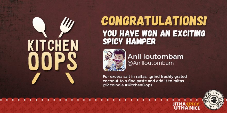PicoIndia's tweet photo. Winner #5 of our #KitchenOops Contest is @AnilLoutombam! Congratulations! DM ur details to avail your spicy hamper! https://t.co/DLYiGS3RYC