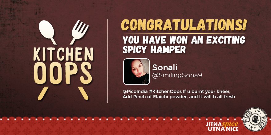 PicoIndia's tweet photo. Winner #6 of our #KitchenOops Contest is @smilingsona9! Congratulations! DM your details to avail your spicy hamper! https://t.co/5eR3FhdW3R