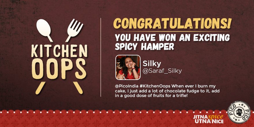 PicoIndia's tweet photo. Winner #7 of our #KitchenOops Contest is @saraf_silky! Congratulations! DM your details to avail your spicy hamper! https://t.co/jPJ8NiXgHs