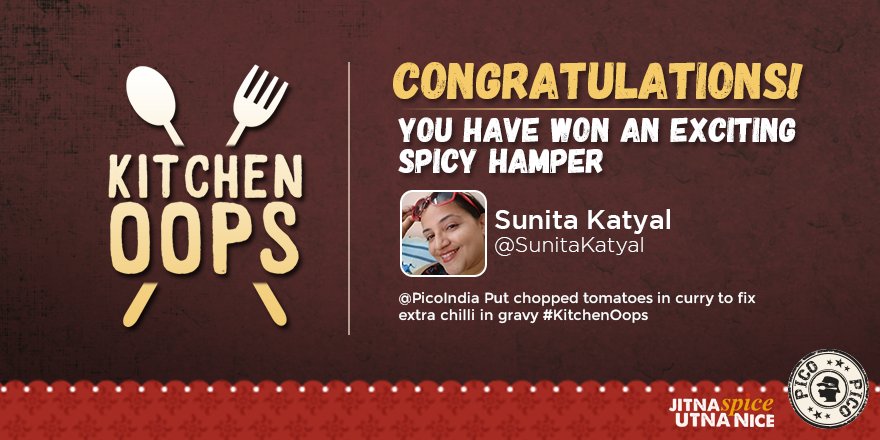 PicoIndia's tweet photo. Winner #8 of our #KitchenOops Contest is @sunitakatyal! Congratulations! DM your details to avail your spicy hamper! https://t.co/A19GNhQYpq