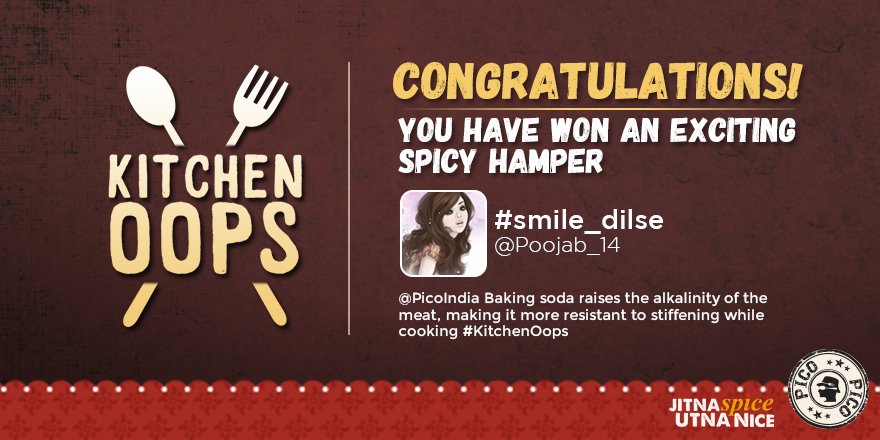 PicoIndia's tweet photo. Winner #9 of our #KitchenOops Contest is @poojab_14 ! Congratulations! DM your details to avail your spicy hamper! https://t.co/gbeQVGoOPe