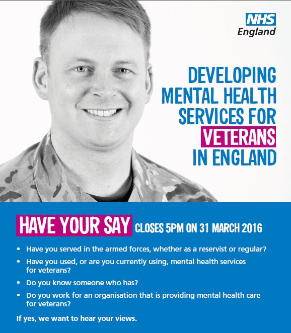 The <a href="/NHSEngland/">NHS England</a> mental health services for veterans survey ends today! bit.ly/CSnhss