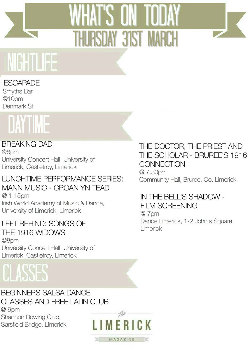 limerickonline's tweet photo. Thursday 31st March Event Guide #TLM #TheLimerickMagazine https://t.co/Cm0nROccl5