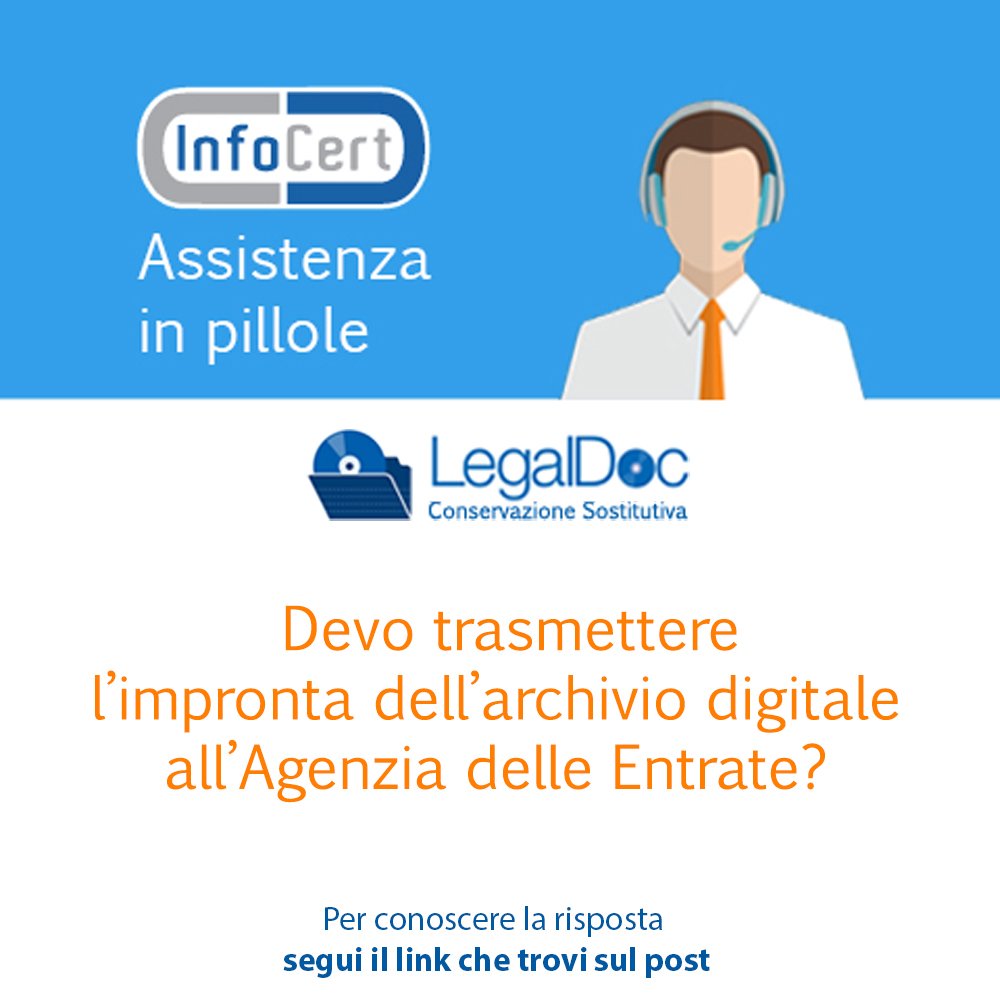 InfoCert_it's tweet photo. #InfoCertHelp
Devo trasmettere l’impronta #archiviodigitale a Agenzia Entrate? Scoprilo qui https://t.co/to6ER5RpDv https://t.co/EM87sbWD4r