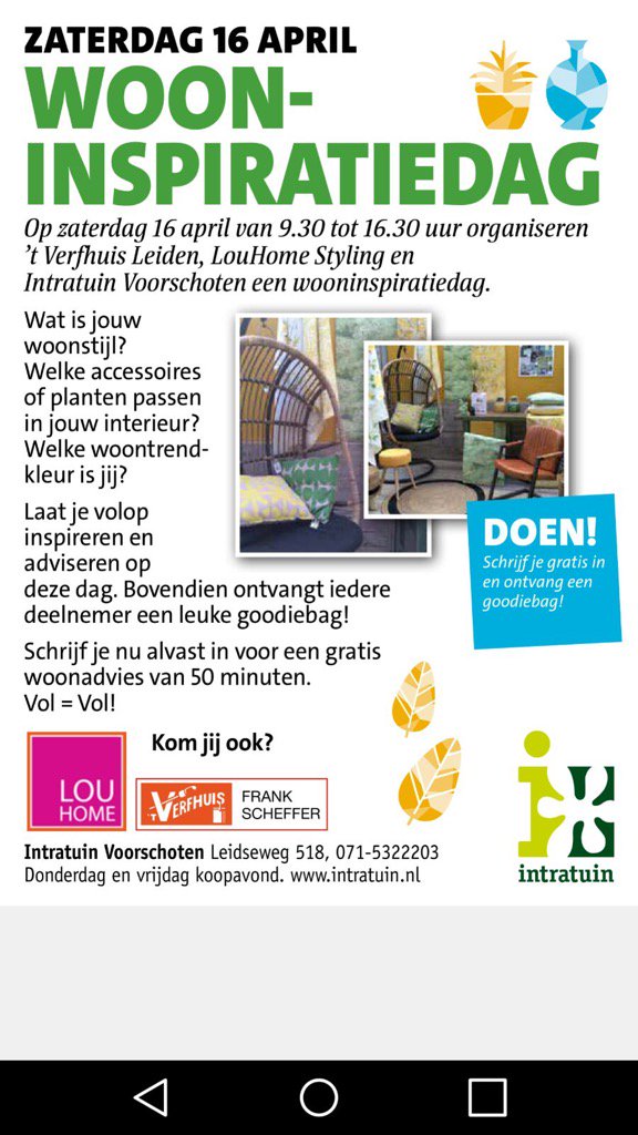 16 april Wooninspiratiedag <a href="/Intratuin071/">IntratuinVoorschoten</a>! Kom je ook? #wonen #trends #advies