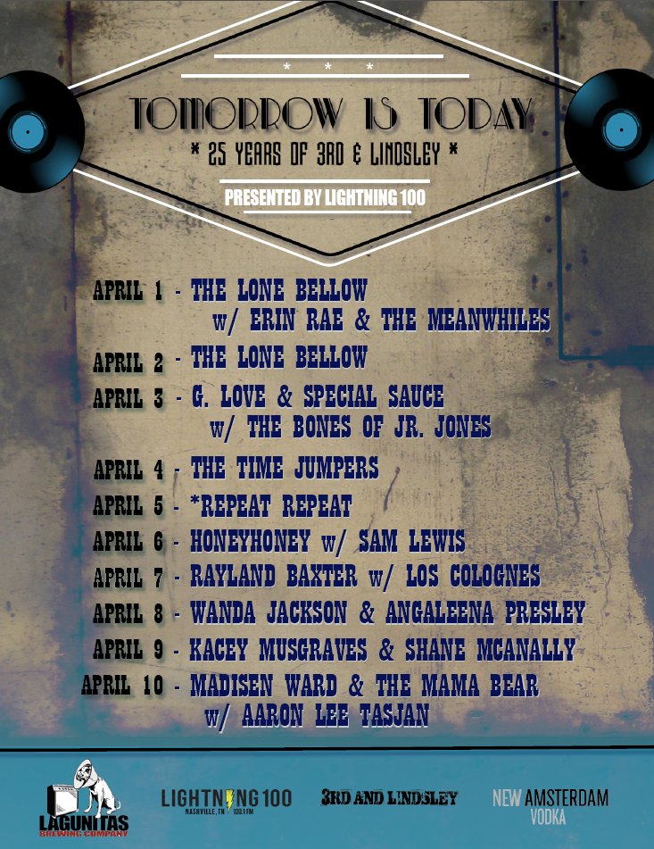 Let's celebrate 25 years of <a href="/3rdandLindsley/">3rd and Lindsley</a> with <a href="/NewAmsterdam/">New Amsterdam Vodka</a> Vodka! Check out the lineup!