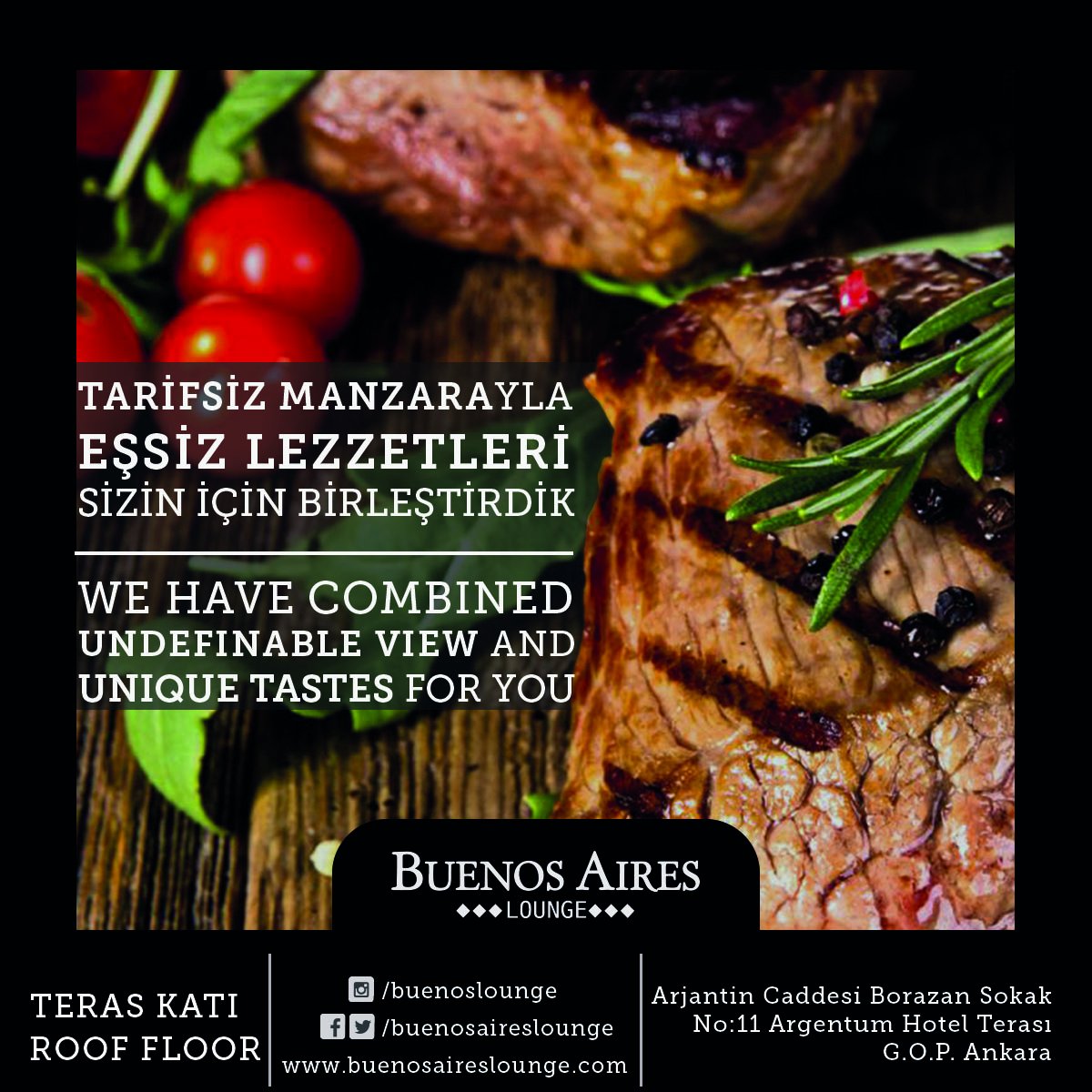 Buenos Aires'in sunduğu eşsiz lezzetlere tarifsiz manzara eşlik ediyor.
#buenosaireslounge #ankara #arjantincaddesi