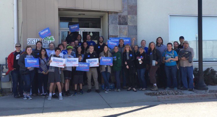CongressmanDrew's tweet photo. Volunteers are out in front of my town hall for #BernieSanders handing out signs and tee shirts. #WisconsinPrimary https://t.co/wGLS8ZJyyt