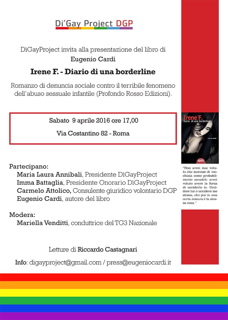 EugenioCardi's tweet photo. #DiGayProJect 9apr h17 #IreneFDiariodiUnaBorderline @marziaapice @Apertamente00 @FamArcobaleno @Arcigay @gayit https://t.co/t1wHqsYD5l