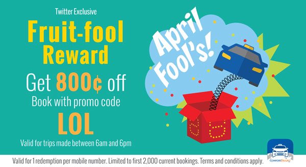 cdgtaxi_sg's tweet photo. FASTEST FINGER FRIDAY! Book with promo code LOL &amp; enjoy our #fruitfool reward! Limited to 1st 2000 current bookings. https://t.co/rdm22XLESa