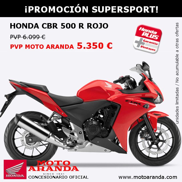 MotoAranda's tweet photo. ¡Si la quieres, la tienes! #Honda #CBR500R con un #descuento increíble. #MotoAranda https://t.co/orkbJrtIYC