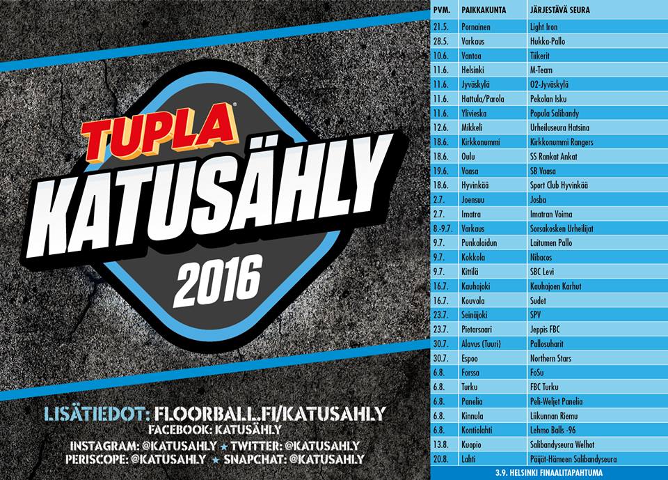Katusähly -kalenteri on julkaistu ja Tiimi on mukana! 11.6. pelataan <a href="/kaari_fi/">Kauppakeskus Kaari</a> parkkiksella!
#katusähly #salibandy