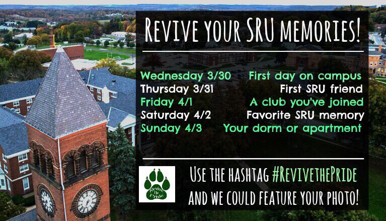 SRURevive's tweet photo. Good morning!! Don't forget to participate in our photo challenge this week! #ReviveThePride 💚🦁 https://t.co/HydIWByEgx