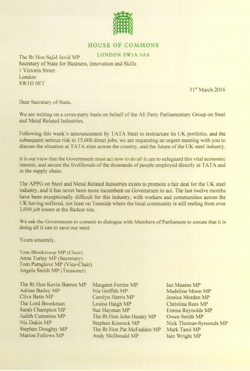 KevinJBarron's tweet photo. I have signed a cross party letter demanding a meeting with Sajid Javid. Action is needed now to #SaveOurSteel https://t.co/cYYiXm7hxX