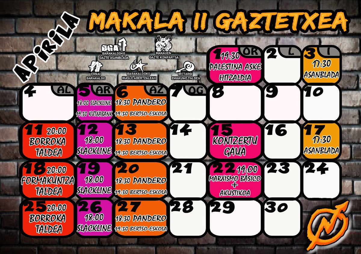 okupibaraka's tweet photo. APIRILEKO EGITARAUA MAKALA II GAZTETXEAN // PROGRAMACIÓN DE ABRIL EN MAKALA II GAZTETXEA
https://t.co/tjcaEFfPB0 https://t.co/wYQ4TI3q9r