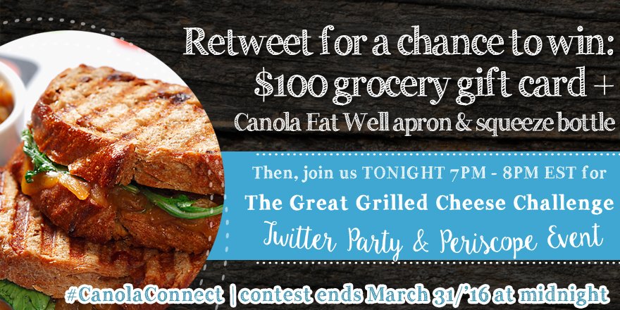 HelloCanola's tweet photo. RT for a chance to win &amp; join us TONIGHT for the Great Grilled Cheese Challenge with @AfrimPristine #CanolaConnect https://t.co/yeu01moBqs