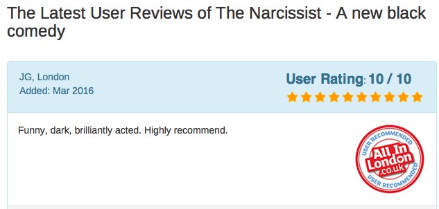 englishrep_'s tweet photo. Another fantastic 10/10 review for the #narcissist playing @CourtyardHoxton Tickets https://t.co/IX2LZlNP7U https://t.co/5dJcGwEg4t