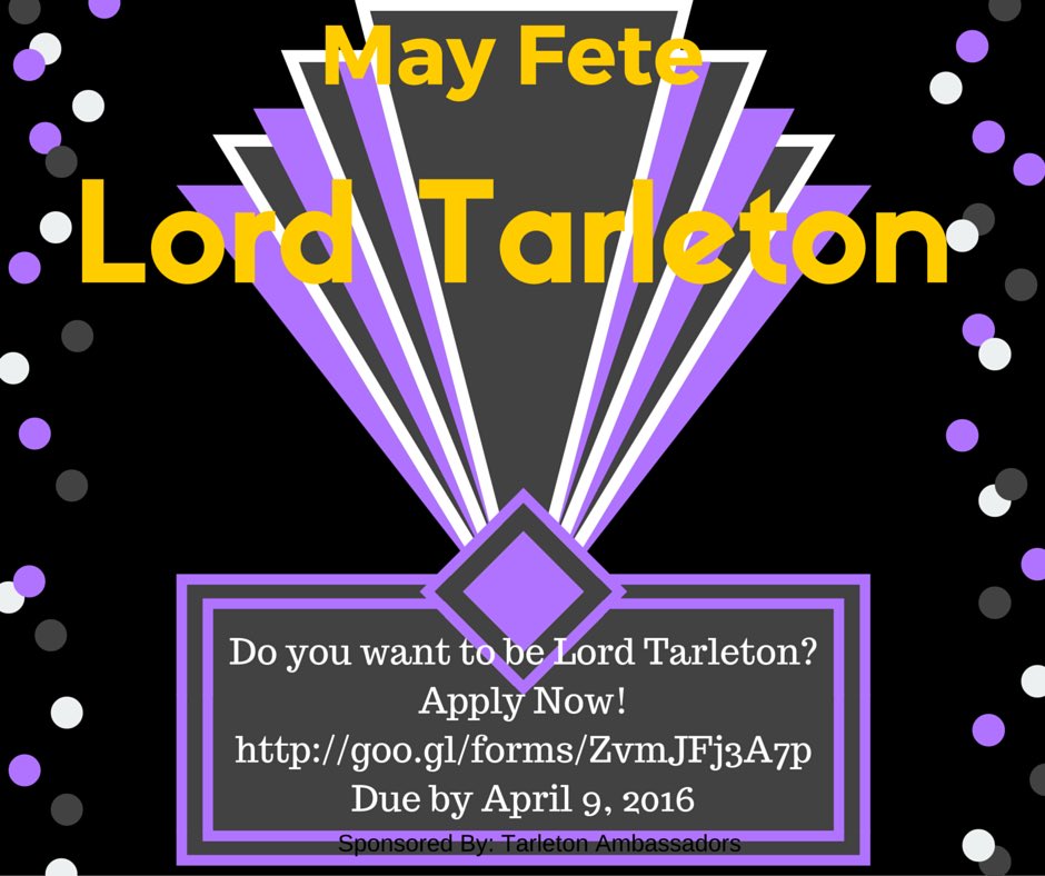 TarletonSGA's tweet photo. You have until April 9th to apply to be Lord Tarleton! 🎩💜 #MayFete #ThanksJohnT
https://t.co/HryemrWKfz https://t.co/KPHORTL4k1