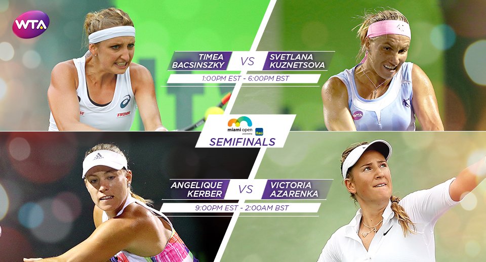 .<a href="/MiamiOpen/">Miami Open</a> Semifinals Day!

Kuznetsova vs Bacsinszky
Azarenka vs Kerber

Preview--> wtatenn.is/lM3nKB #WTA