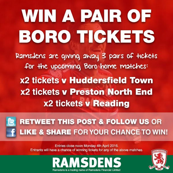 We're giving away 3 pairs of tickets for the upcoming <a href="/Boro/">Middlesbrough FC</a> home games. Simply RT + FOLLOW for you chance to win!