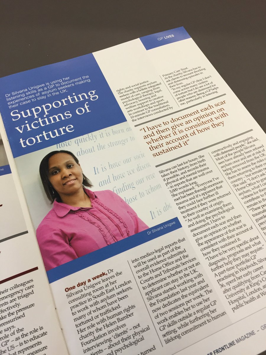 rcgp's tweet photo. Pick up your copy of #GPfrontline today! We have a piece with Dr Silvana Unigwe on her work with victims of torture. https://t.co/0mJQSzUryO