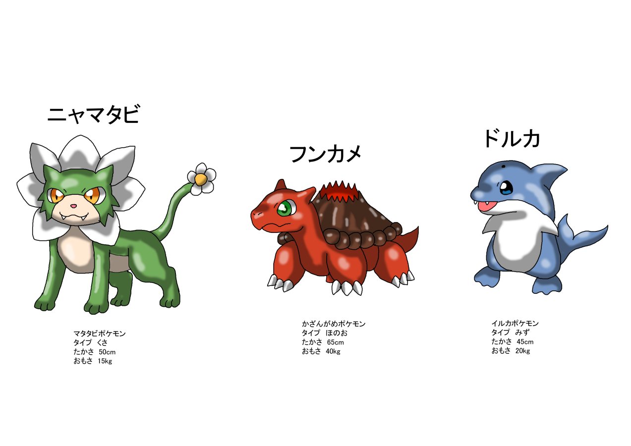 永遠力吹雪 理想に囚われし者たち ポケモンサン ムーンの新御三家が発表されました 草タイプのニャマタビ 炎タイプのフンカメ 水タイプのドルカ あなたはこの3匹の中からどれを選びますか まぁ この御三家達 嘘だけど エイプリルフール