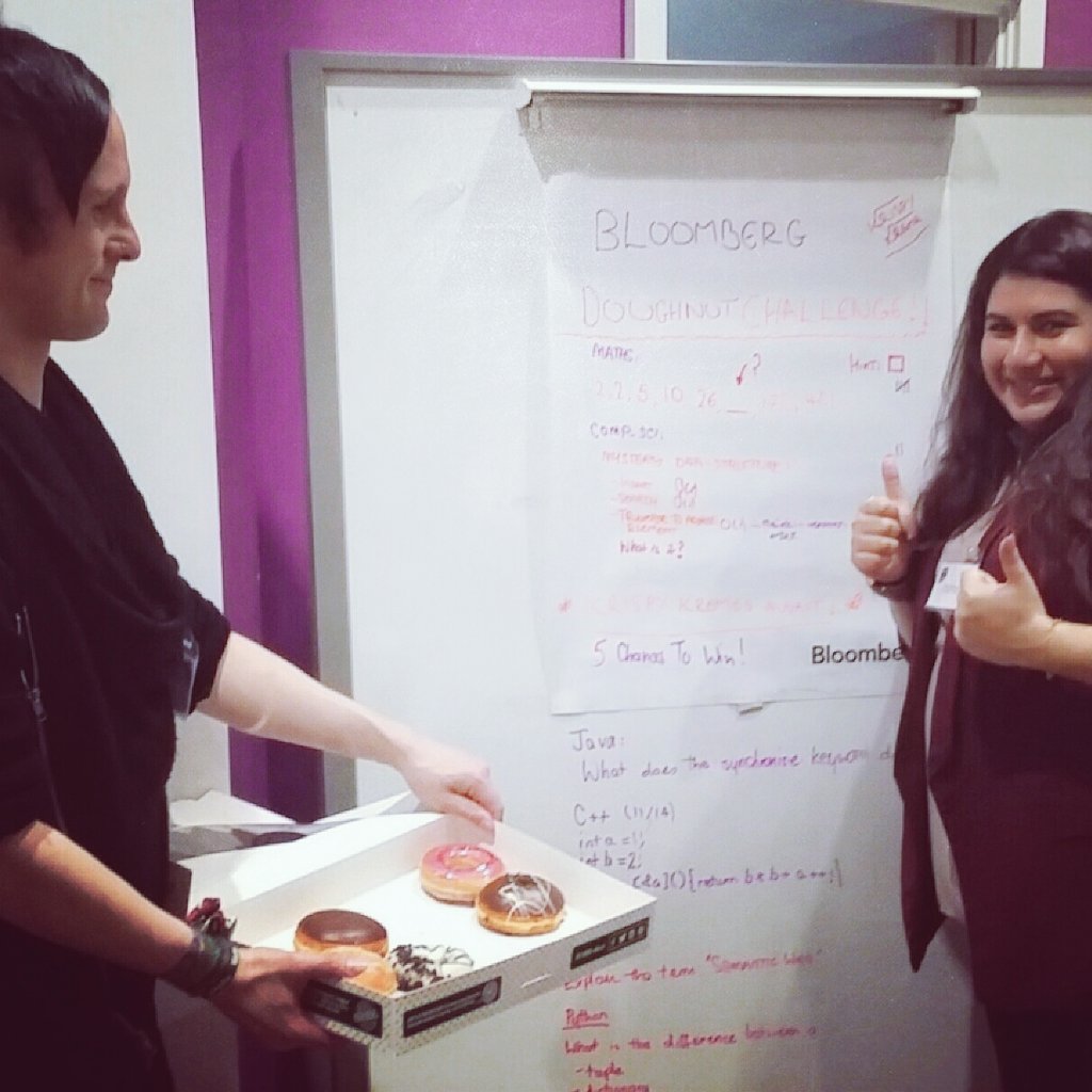 YLaperta's tweet photo. Crack #bloomberg #c++ code challenge and got the  #doughnut  🍩at #BCSLL16  @Bloomberg  @bcs_lovelace https://t.co/nyYHUGSlir