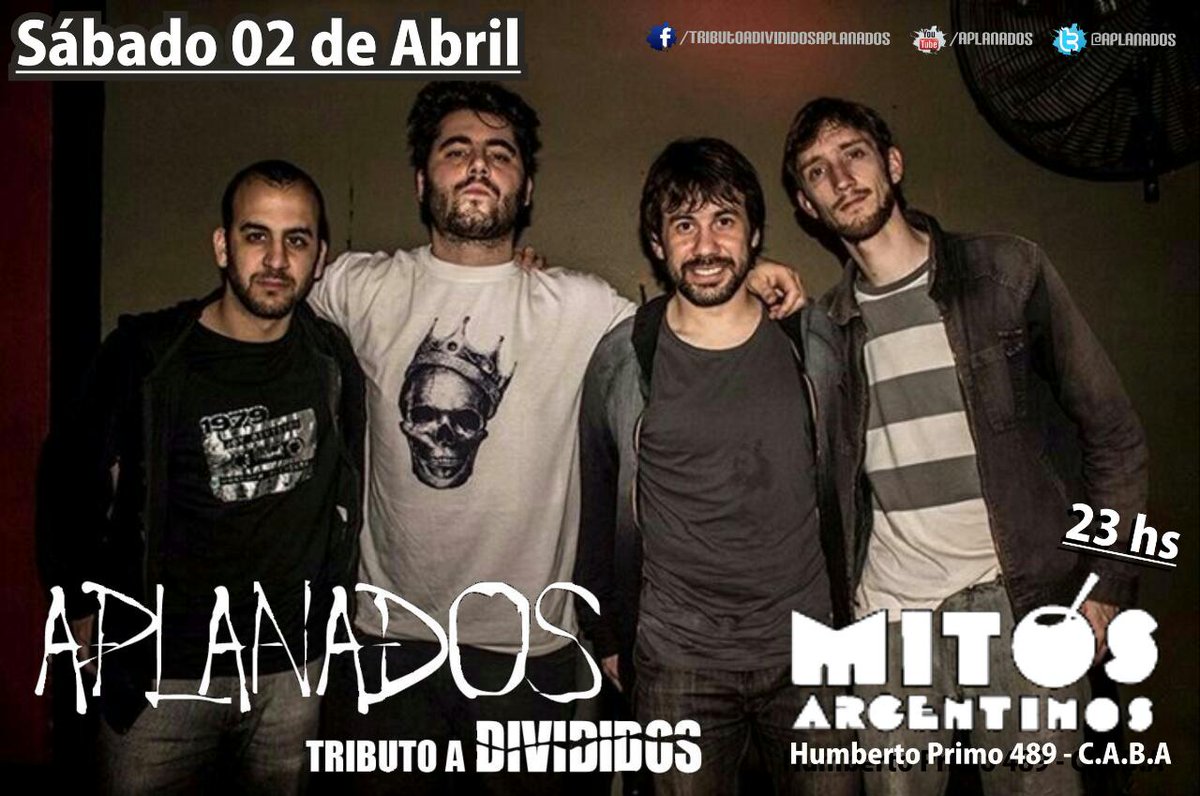 aplanados's tweet photo. SÁBADO 02 DE ABRIL | 23hs > #Aplanados tributo a #Divididos en @mitosargentinos (Humberto Primo 489 - #SanTelmo) https://t.co/YtlKgeEM1l