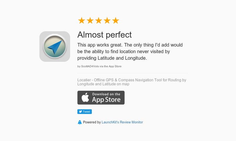 Locatier's tweet photo. 5 Star Review: "Almost perfect: This app works great.  The only thing I'd add would be the…" https://t.co/ESQY7h441l https://t.co/imh5NGcM0s
