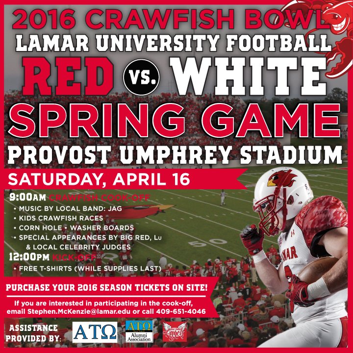 LamarAthletics's tweet photo. Mark your calendars for April 16th as @LamarFootball plays in their annual Red vs. White Spring Game! https://t.co/JXgHPQSdPB