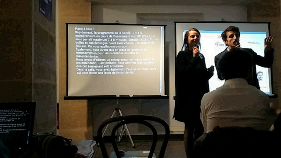 Merci à la SCOP Le Messageur, qui rend accessible la soirée #1001Pitch cc @1001Pact. Great #Accessibility